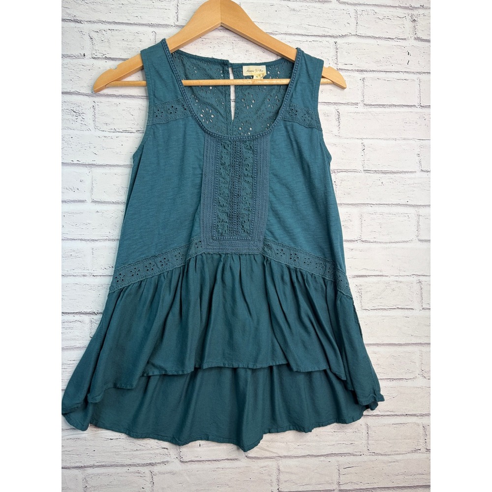 Meadow Rue Anthropologie Teal Eyelet Lace Boho Peasant Sleeveless Top XS